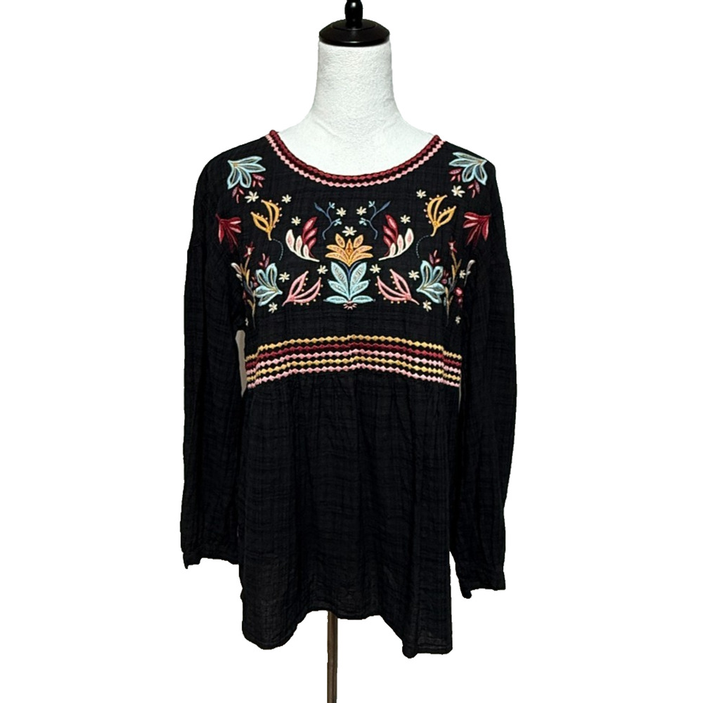 April Sky Top Womens Large Black Blue Embroidered Floral Peasant Boho Hippie‎